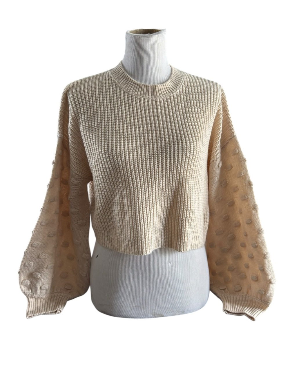 HYFVE Cream Textured Bubble-Sleeve Cropped Sweater S